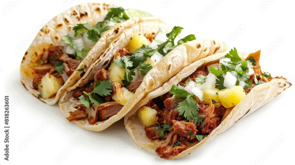 traditional mexican tacos al pastor with pineapple cilantro and onions on corn tortillas isolated on white traditional mexican tacos al pastor with pineapple cilantro and onions on corn tortillas isolated on white