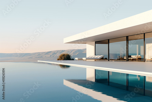 View from the infinity pool at the villa's contemporary design with view to a sunset landscape of mountains.