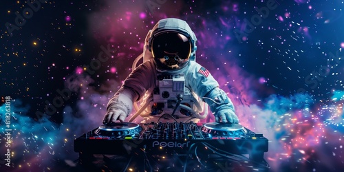 an astronaut stands behind a DJ console .Generative AI