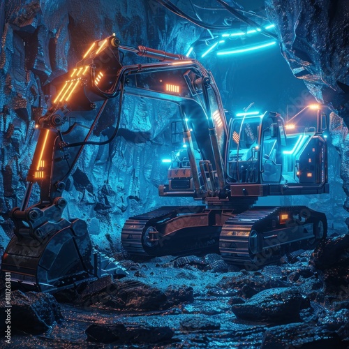 Futuristic Mining HighTech Backhoe in a Neon Blue
