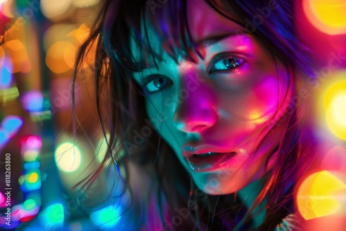 Brightly colored photograph of a woman with long hair and bright lights. Neon color portrait 