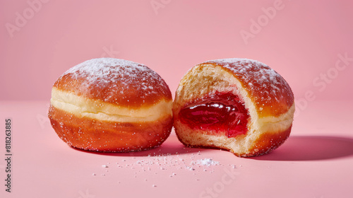 Two donuts with powdered sugar on top and one of them has a hole in it. The donut with the hole is cut in half, revealing a jelly filling. Concept of indulgence and enjoyment © Image-Love