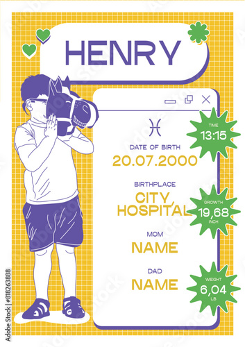 Metric for a newborn baby boy in 2yk style. A4 printable diploma to commemorate the birth of a child. Capture the moment. Preserve the memories. Weight, height of the baby.