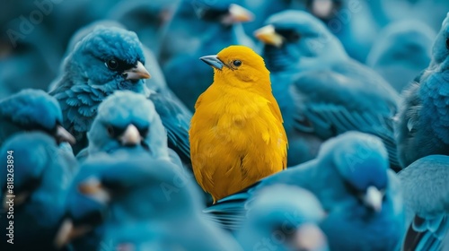 unique yellow bird stands out among blue birds symbolizing individuality and courage