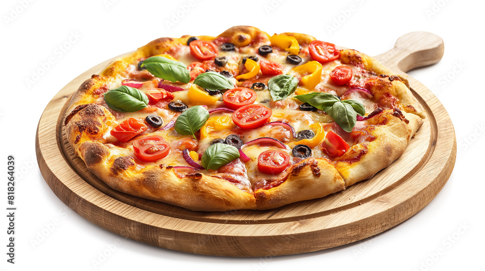 Close-up of a delicious Roman pizza with vegetables on a wooden board isolated on a transparent background