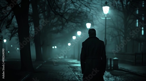 mysterious man in black coat standing alone on dimly lit street cinematic photography