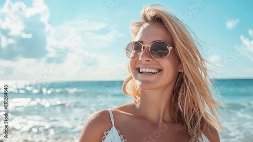 smiling blonde woman enjoying sunny day at the beach summer vacation banner