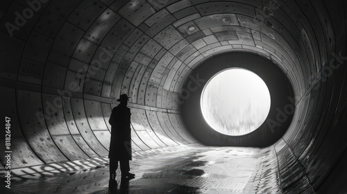 Lonely Walker in Hollow Tube with Light