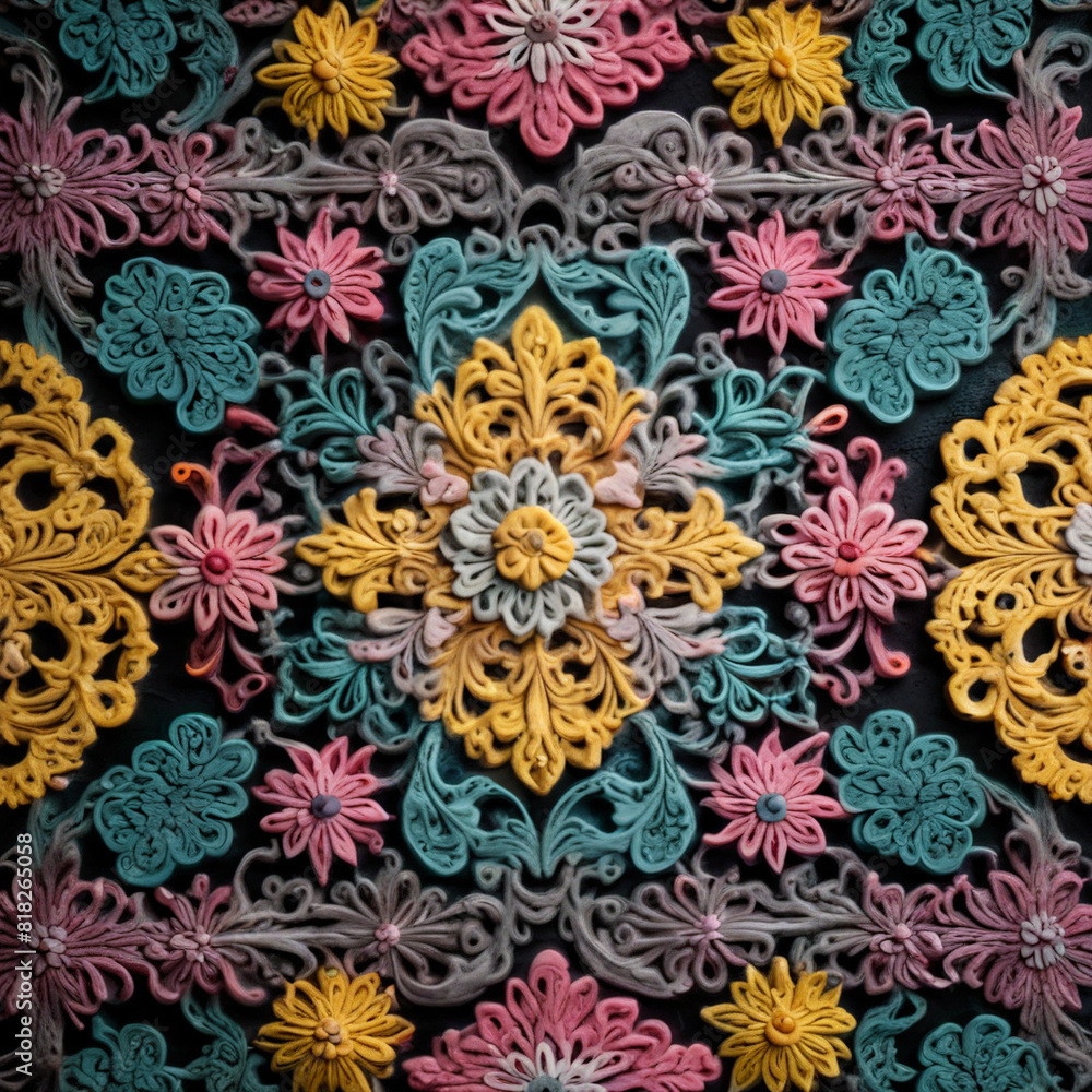Background of knitted texture with symmetrical floral patterns