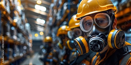 Evaluating Toxic Spills in Industrial Warehouses: Technicians in Gas Masks. Concept Toxic Spills, Industrial Warehouses, Gas Masks, Technicians, Evaluation