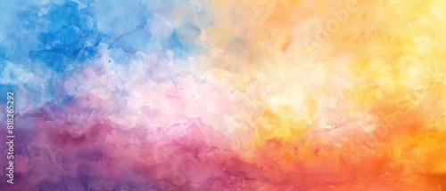 abstract sunset sky with puffy clouds in watercolor background featuring bright rainbow colors