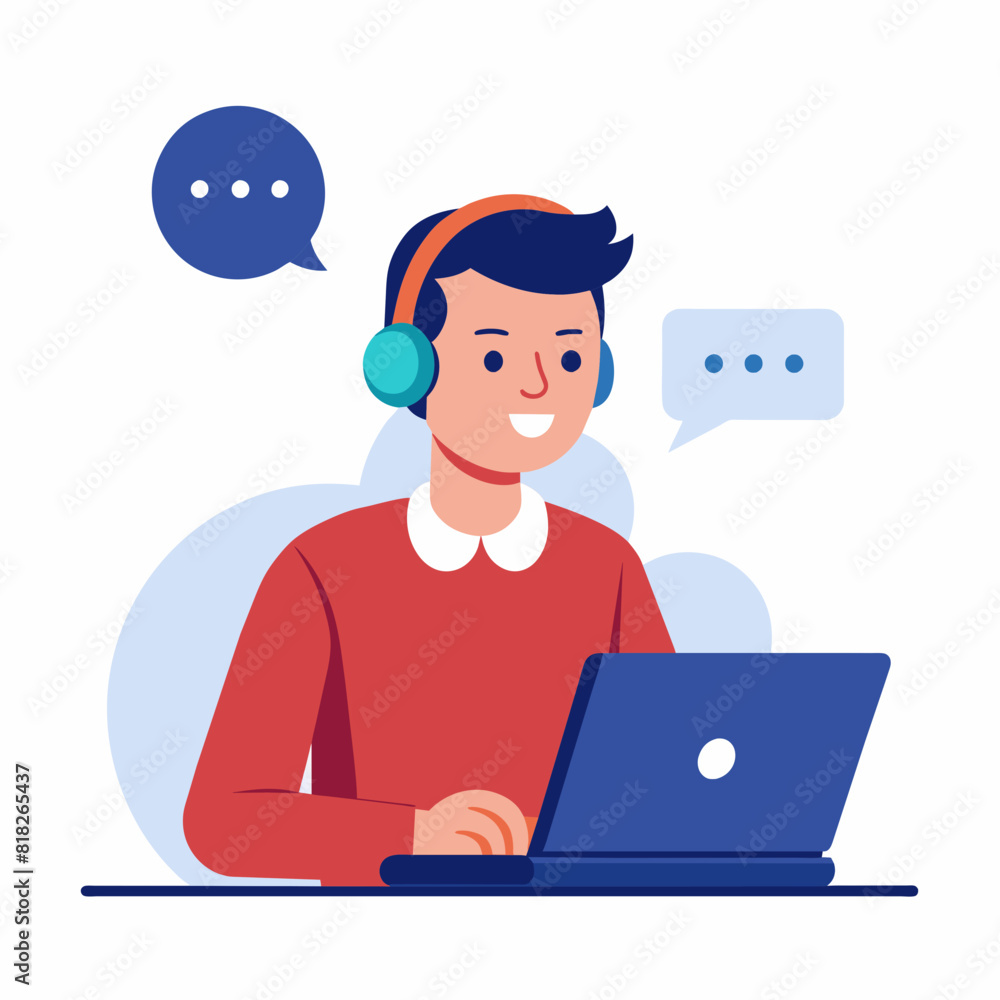 man with headphones and microphone with laptop. Concept illustration for support, call center. Customer service. Vector illustration 