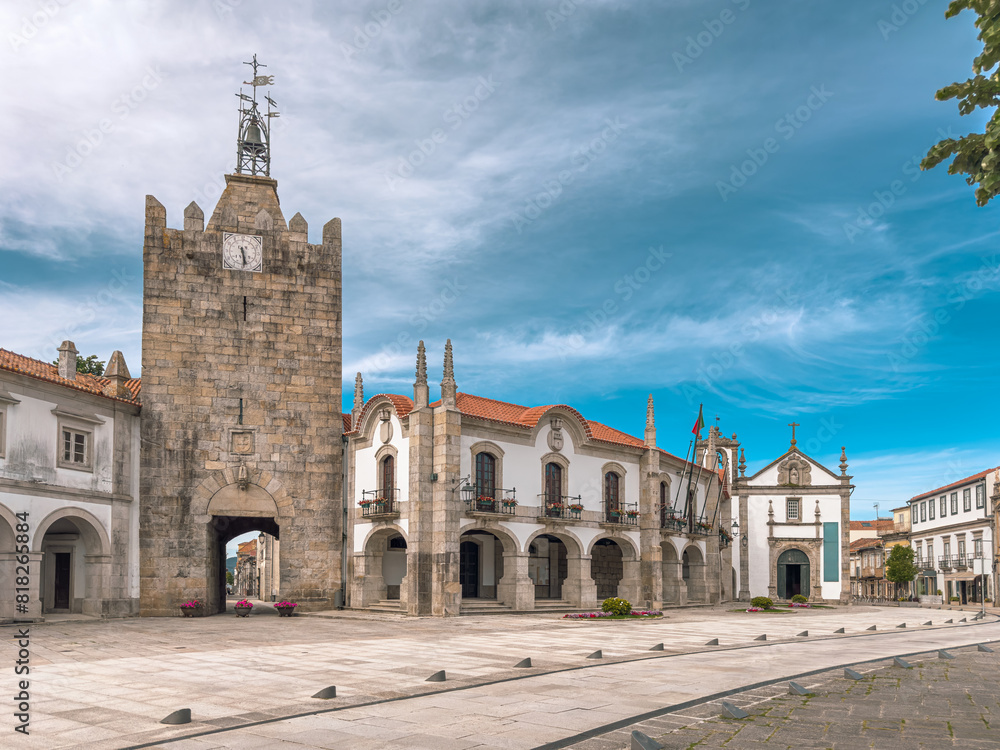 Caminha city hall and clock tower, in Minho, Portugal. Caminha, Viana do Castelo district in north of Portugal