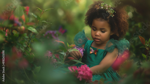 Menina de quatro anos brinca entre as flores coloridas. Ela está vestida com um vestido verde esmeralda, adornado com pequenas borboletas em tons de rosa e lilás photo