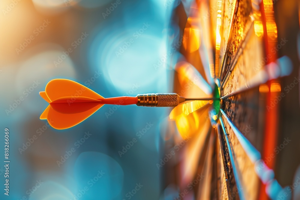 Closeup of an orange dart hitting the bullseye on a blurred background, in the concept of business success. Closeup of an orange dart hitting the bullseye on a blurred background, in the concept of business success.