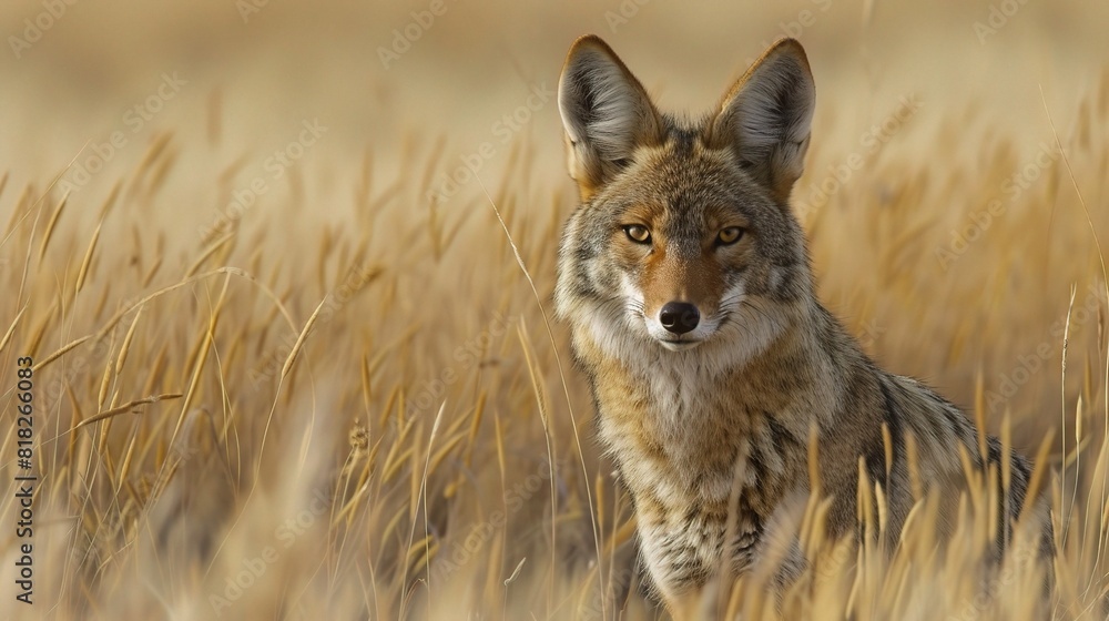 Obraz premium A wild canine, possibly a wolf or fox, hunts with keen ears hidden in tall grass