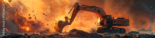 HeavyDuty Excavator in SciFi Setting Lifting Vibrant Alien Soil photo