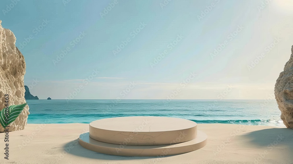 Obraz premium product display podium on beautiful sandy beach with daylight advertising mockup template