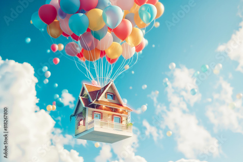 Country house floating on balloons
