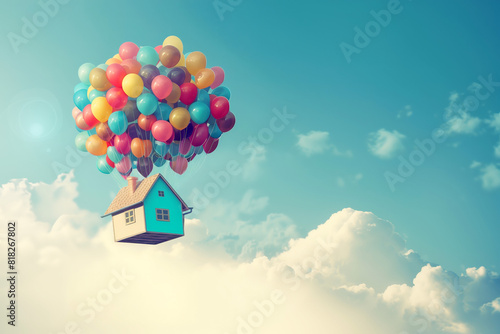 Country house floating on balloons, 3d, copyspace