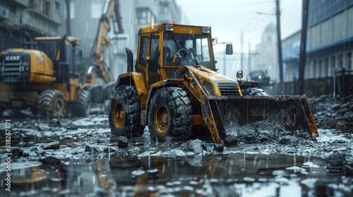Backhoe Loader in Action Rainy Construction Site Productivity photo