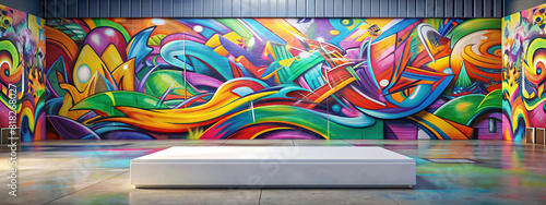 Generative ai. A vibrant indoor mural featuring abstract, colorful graffiti art with swirling shapes and dynamic lines covering the entire wall. In front of the mural