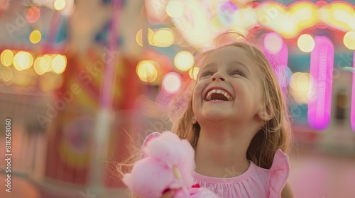 A little girl with a big smile and happy eyes is enjoying cotton candy at the carnival. Her nose wrinkles as she takes a bite  and her ears stick out from her hairstyle AIG50