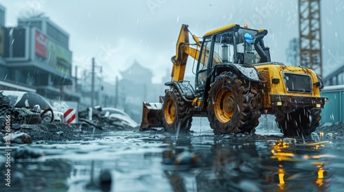 Backhoe Loader in Action Excavating and Building in a Rainy Construction Site photo