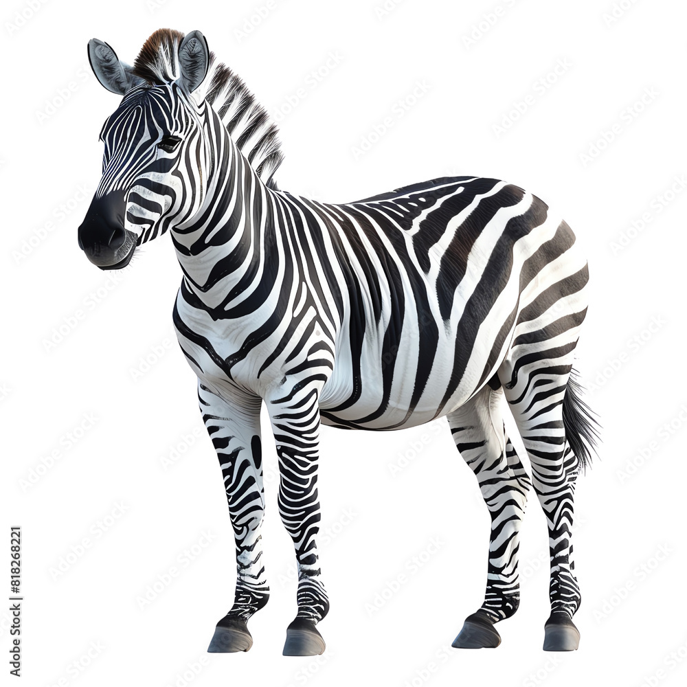 Fototapeta premium A close-up image of a zebra standing against a transparent background, showcasing its striking black and white stripes in detail.