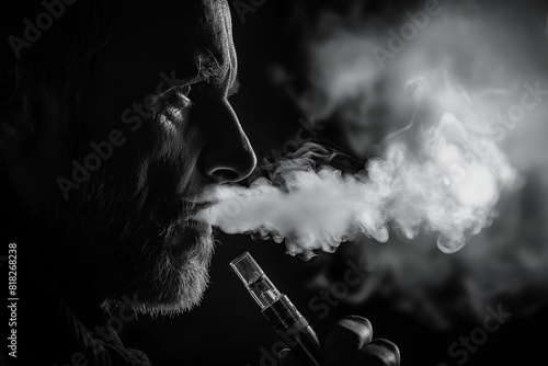A man smokes a vape pen while exhaling large amounts of smoke.