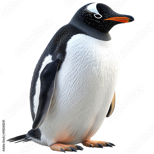 A detailed image of a standing penguin with white belly and black back, showcasing realistic feather texture and natural posture.