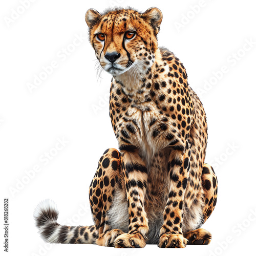A majestic cheetah sits attentively, showcasing its striking spotted coat and keen gaze on a transparent background.