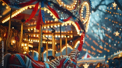 A vintage carousel adorned with red, white, and blue ribbons spins merrily under a canopy of twinkling stars, a whimsical ode to the joys of freedom and childhood innocence. photo
