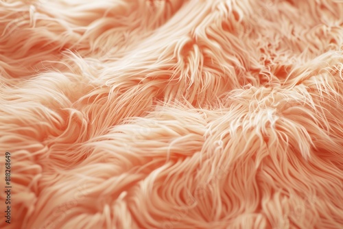 Orange fur background. Surface wool texture. Copy space for text. Closeup of textured coral furry coat. Abstract pattern. Animal hair wallpaper. Shiny faux fluffy backdrop. Furry ground. Sheepskin rug