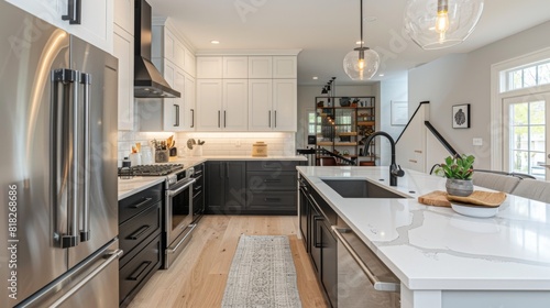 a modern kitchen with a mix of matte black and white cabinetry, and stainless steel appliances