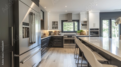 a modern kitchen with a mix of matte black and white cabinetry, and stainless steel appliances