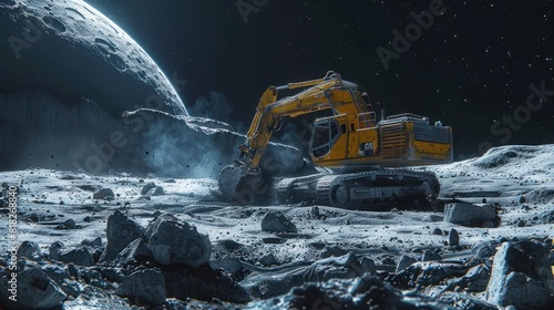 Heavy Machinery Excavator Digging Moon Dust in a Lunar Landscape Scifi Future Construction photo