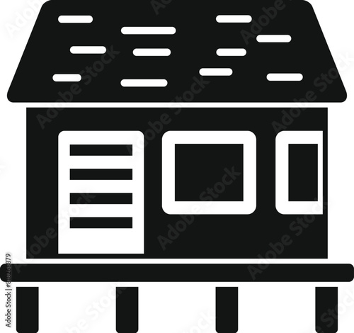 Simplistic vector icon illustration of a house on stilts in black on a white background