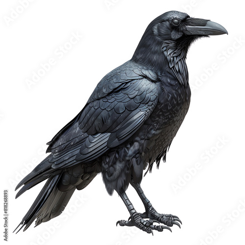 Detailed illustration of a black raven standing  showcasing its intricate feather patterns and sharp features.
