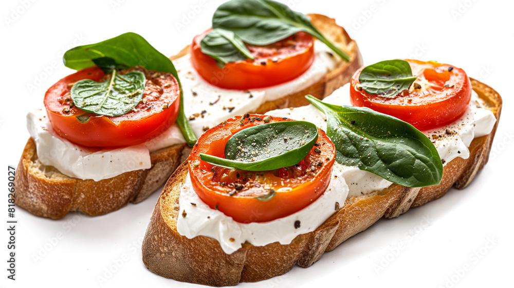 Crusty bruschetta with concasse tomatoes, and stracciatella cheese decorated with spinach. Delicious and healthy restaurant meals isolated on a transparent background Crusty bruschetta with concasse tomatoes, and stracciatella cheese decorated with spinach. Delicious and healthy restaurant meals isolated on a transparent background