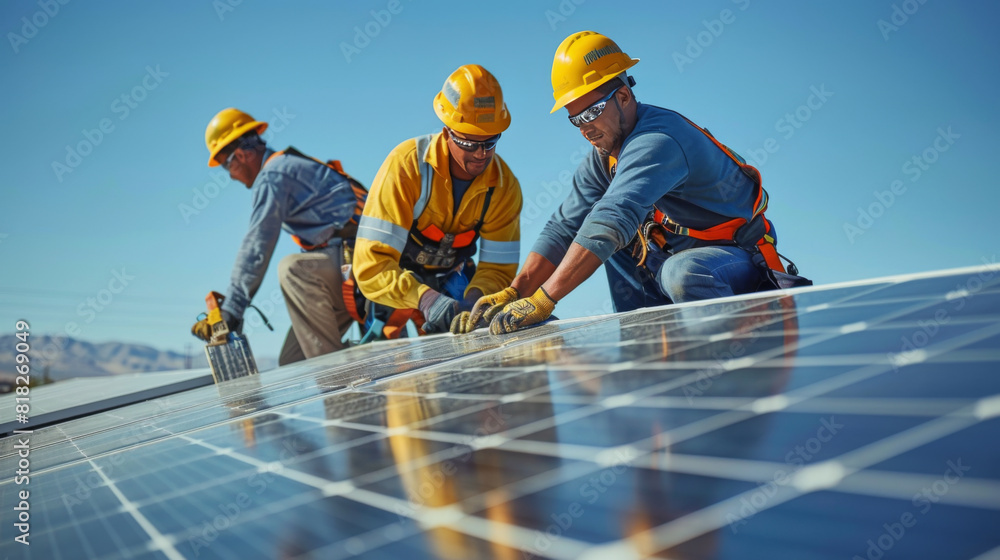 A team of skilled workers installing solar panels on a bright, sunny day in the desert. A team of skilled workers installing solar panels on a bright, sunny day in the desert.