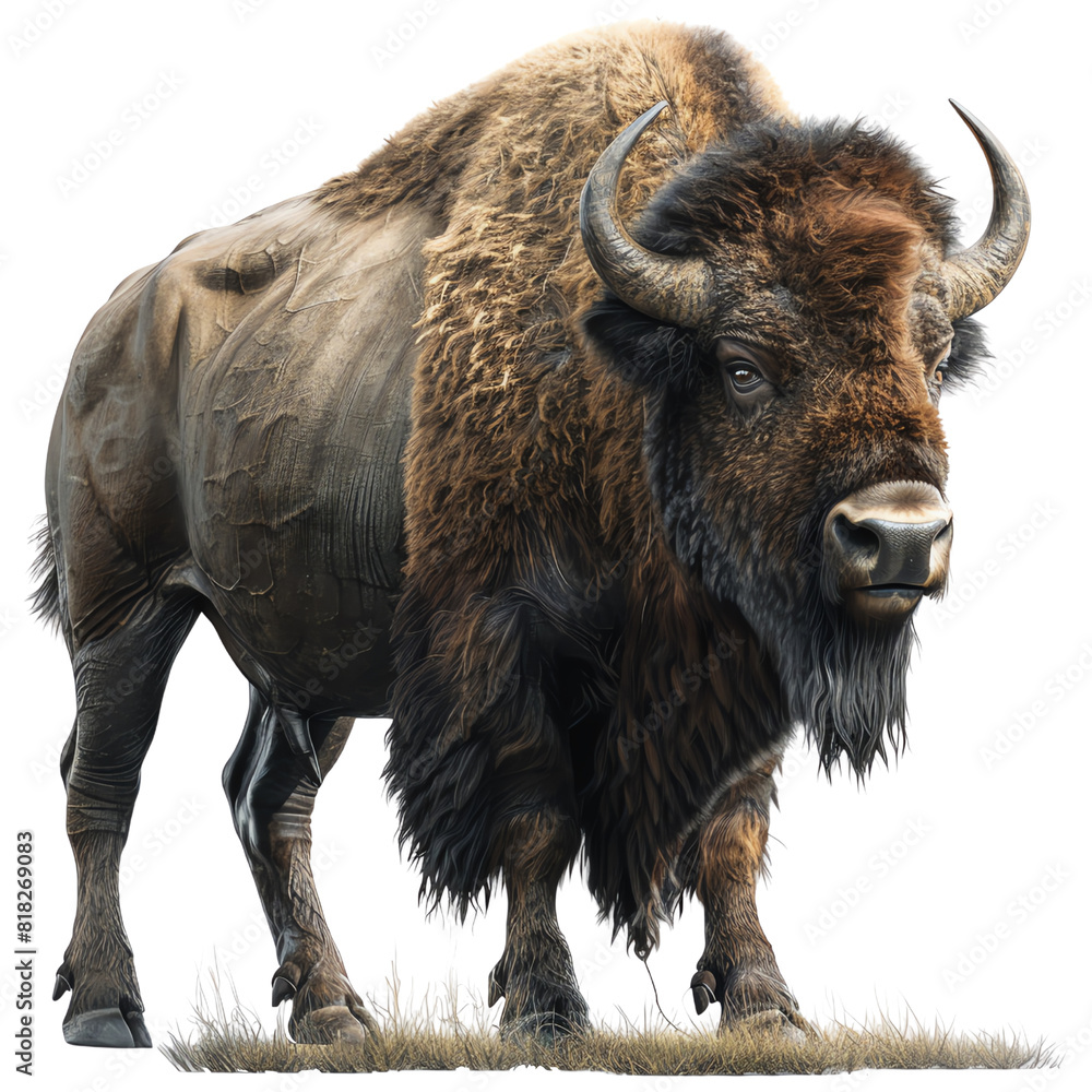 Majestic bison standing on grass. A powerful symbol of the wild, showcasing dense fur and strong horns. Perfect for wildlife themes. Majestic bison standing on grass. A powerful symbol of the wild, showcasing dense fur and strong horns. Perfect for wildlife themes.