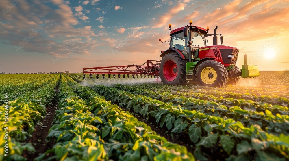 A red tractor is spraying a field of green plants A red tractor is spraying a field of green plants