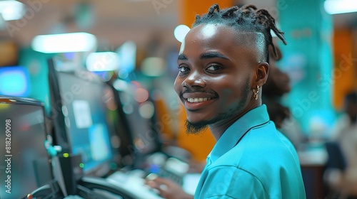 customer service representative, clad in vibrant turquoise attire, as they assist a customer with a friendly smile amidst a backdrop