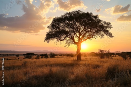 Portrait sunset with tree , A safari sunset in the of Africa, AI generated