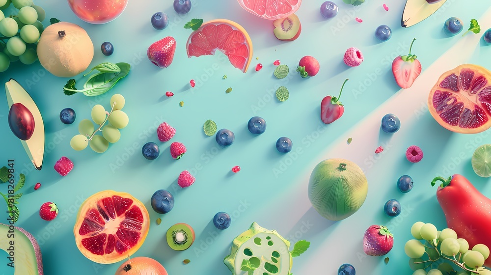 A vibrant array of fruits and vegetables floating on a pastel background A vibrant array of fruits and vegetables floating on a pastel background