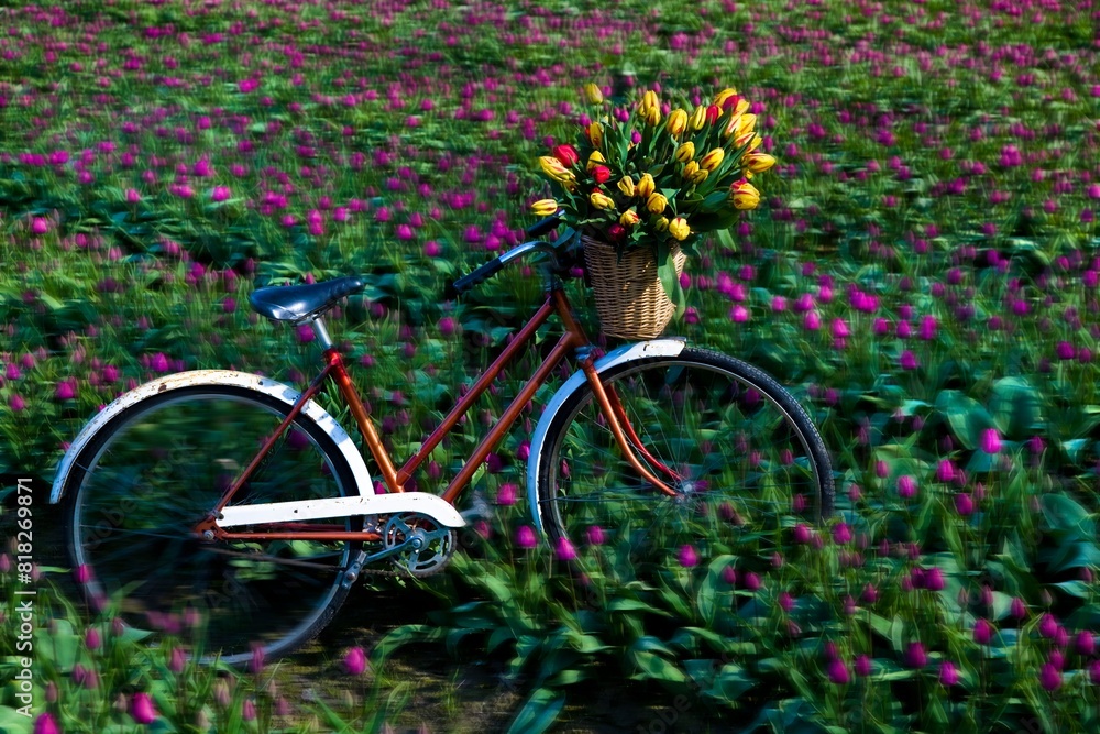 Fototapeta premium Bicycle In A Tulip Field