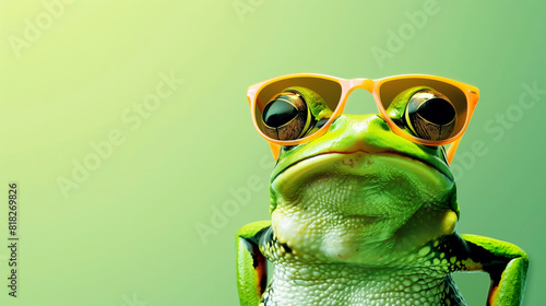 Frog with glasses on a green background, copyspace photo