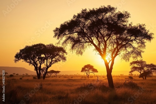 Portrait sunset with tree , A safari sunset in the of Africa, AI generated