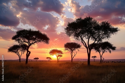 Portrait sunset with tree , A safari sunset in the of Africa, AI generated